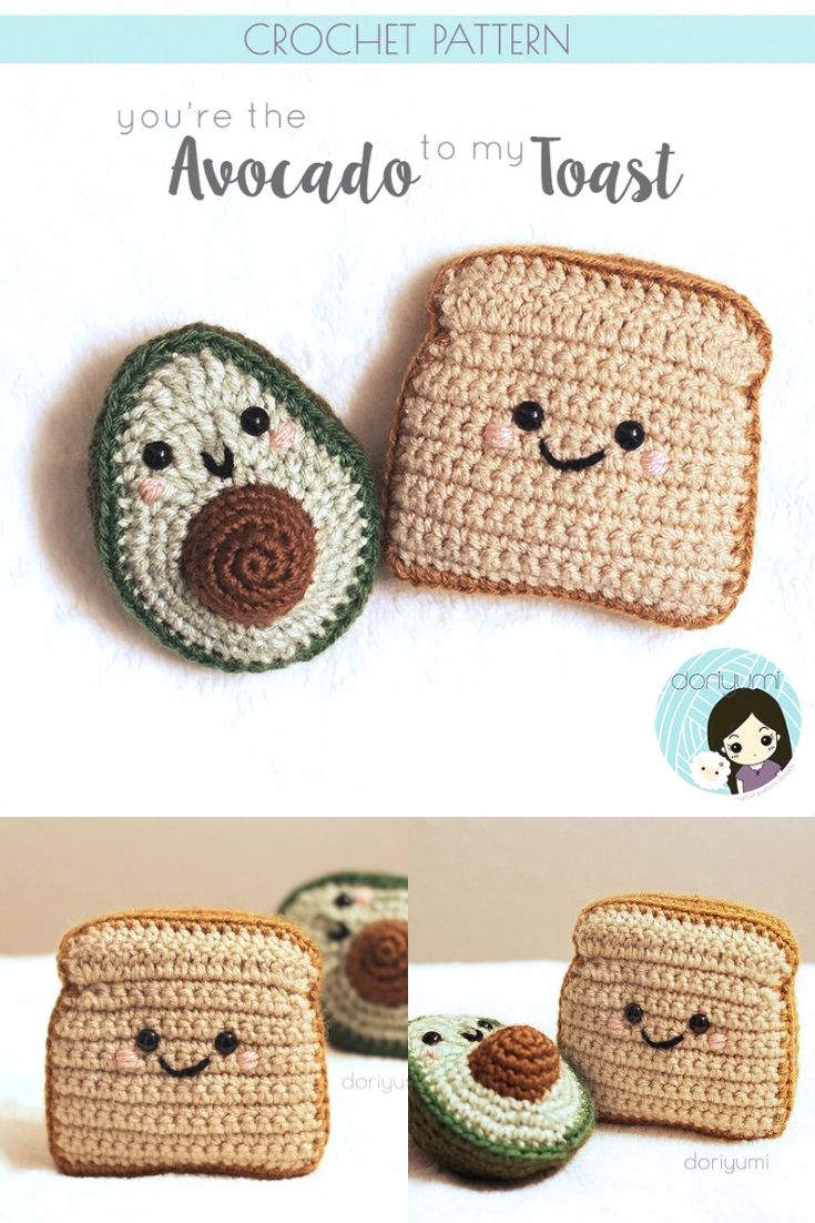 Fun little amigurumi slice of toast with half an avocado crochet pattern! How adorable is this as play food or little kitchen decorations? You could even put a sponge inside for a cute little kitchen scrubby! #crochetpattern #amigurumipattern #amigurumiplayfood #crochetplayfood #playfoodpattern #avocadotoast #breadobsessed #craftevangelist
