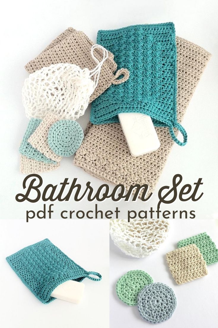 Bathroom Set of crochet patterns includes a washcloth pattern, guest towel pattern, wash mitt pattern, face scrubbies pattern & a laundry bag pattern. #crochetpattern #bathroompatterns #bathroomcrochet #crochetbathroompatterns #craftevangelist