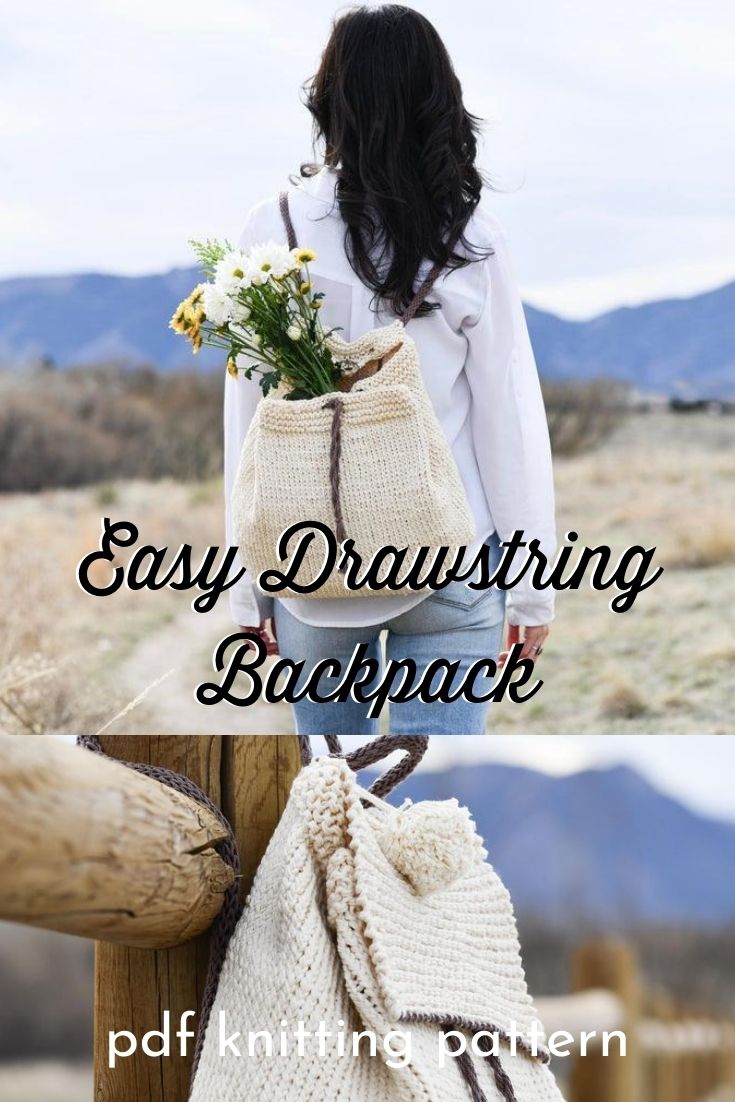 Beautiful drawstring backpack knitting pattern. So easy to make and easy to use. Tight stitches make it versatile to carry anything! Lovely quick and easy design! #knittingpattern #knitbackpack #handmadebackpack #craftevangelist