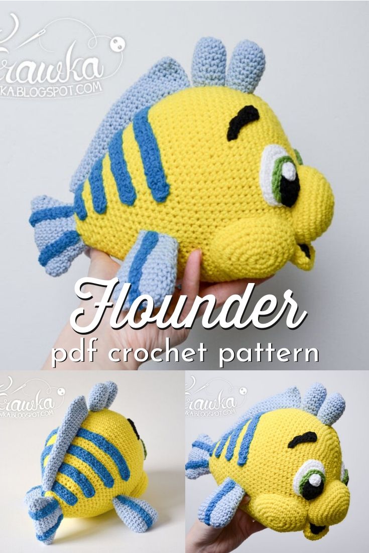 Sweet little amigurumi yellow flounder fish crochet pattern. Inspired by Disney's The Little Mermaid's fish sidekick "Flounder", this sweet little stuffed animal crochet pattern is the perfect little gift for the Little Mermaid lover (or her brother!) #crochetpattern #amigurumipattern #craft #yarn #handmadedisney #thelittlemermaid #craftevangelist