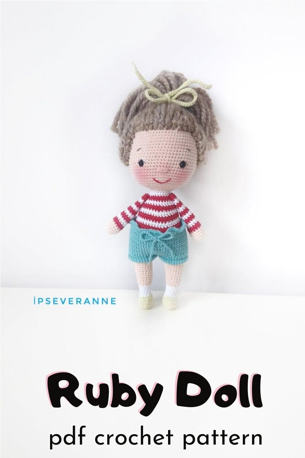 Sweet little amigurumi doll crochet pattern. I love this sweet little doll with her striped shirt and drawstring shorts. Such a fun and simple looking little doll for a sweet kid. #crochetpattern #amigurumipattern #amigurumidoll #crochetdollpattern #crafts #yarn #craftevangelist