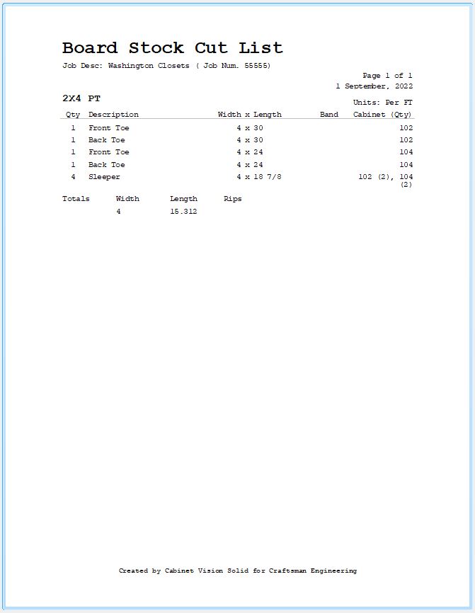 Board Stock Cut List Craftsman Woodworks Engineering Services
