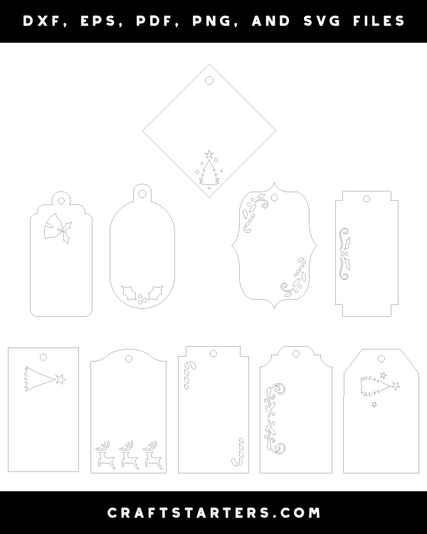 Christmas Gift Tag Outline Patterns DFX, EPS, PDF, PNG, and SVG Cut Files