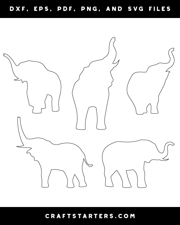 Elephant With Raised Trunk Outline Patterns DFX, EPS, PDF, PNG, and