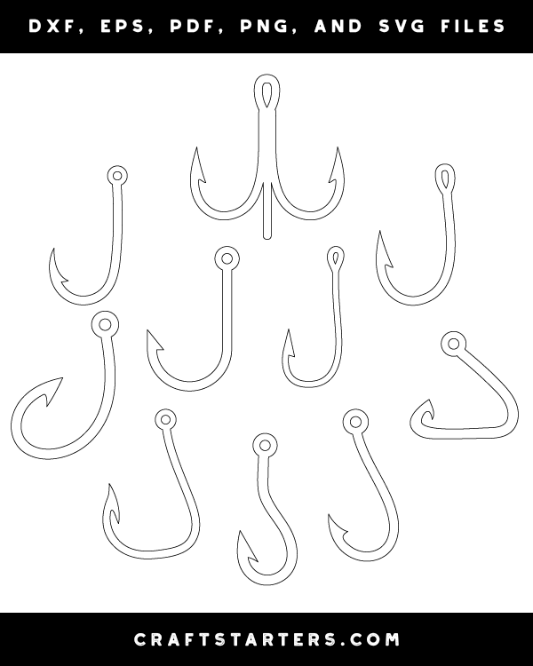 Fish Hook Outline Patterns DFX, EPS, PDF, PNG, and SVG Cut Files