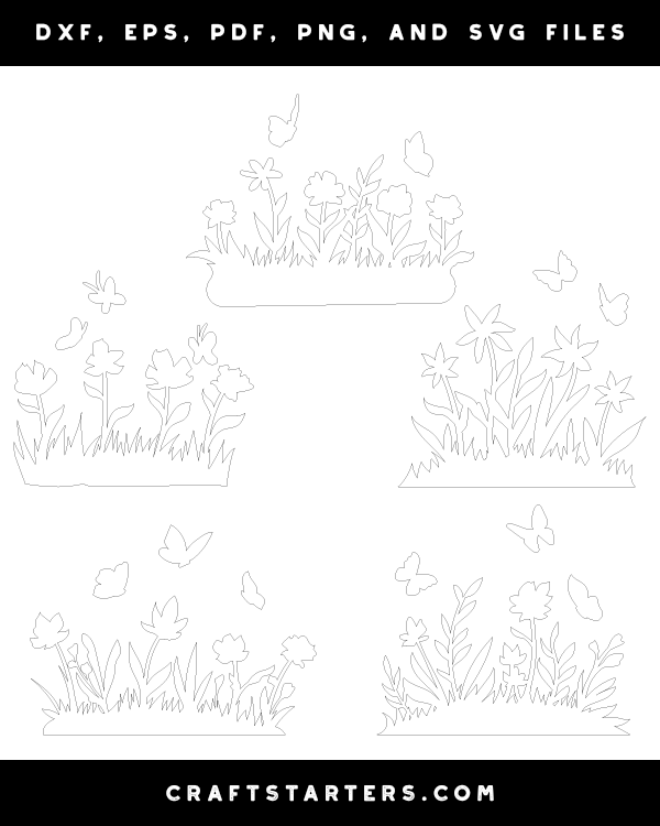 Flower Bed with Butterflies Outline Patterns DFX, EPS, PDF, PNG, and