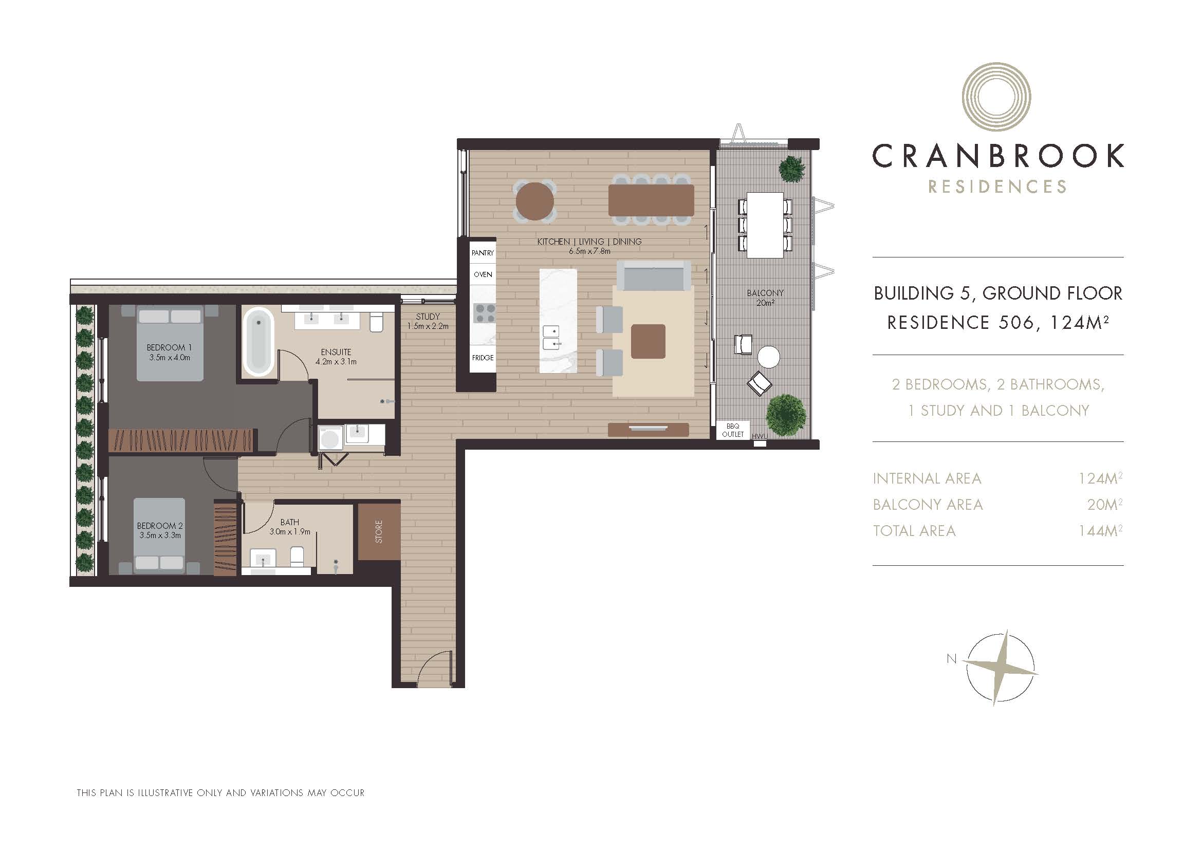 Two Bed + Study Apartment 506 Cranbrook Residences