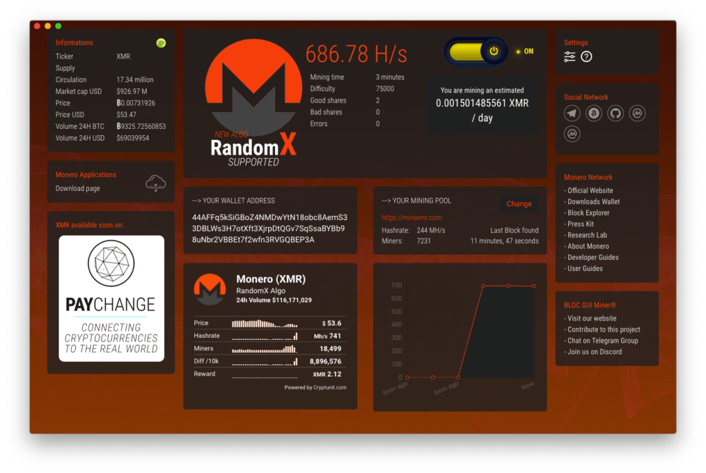BLOC GUI Miner майнинг CryptoNight\CryptoNote\RandomX на