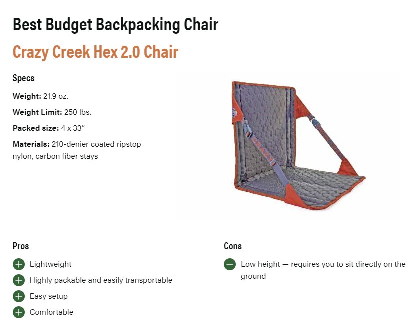 2024 Winner Best Budget Backpacking Chair Crazy Creek Products