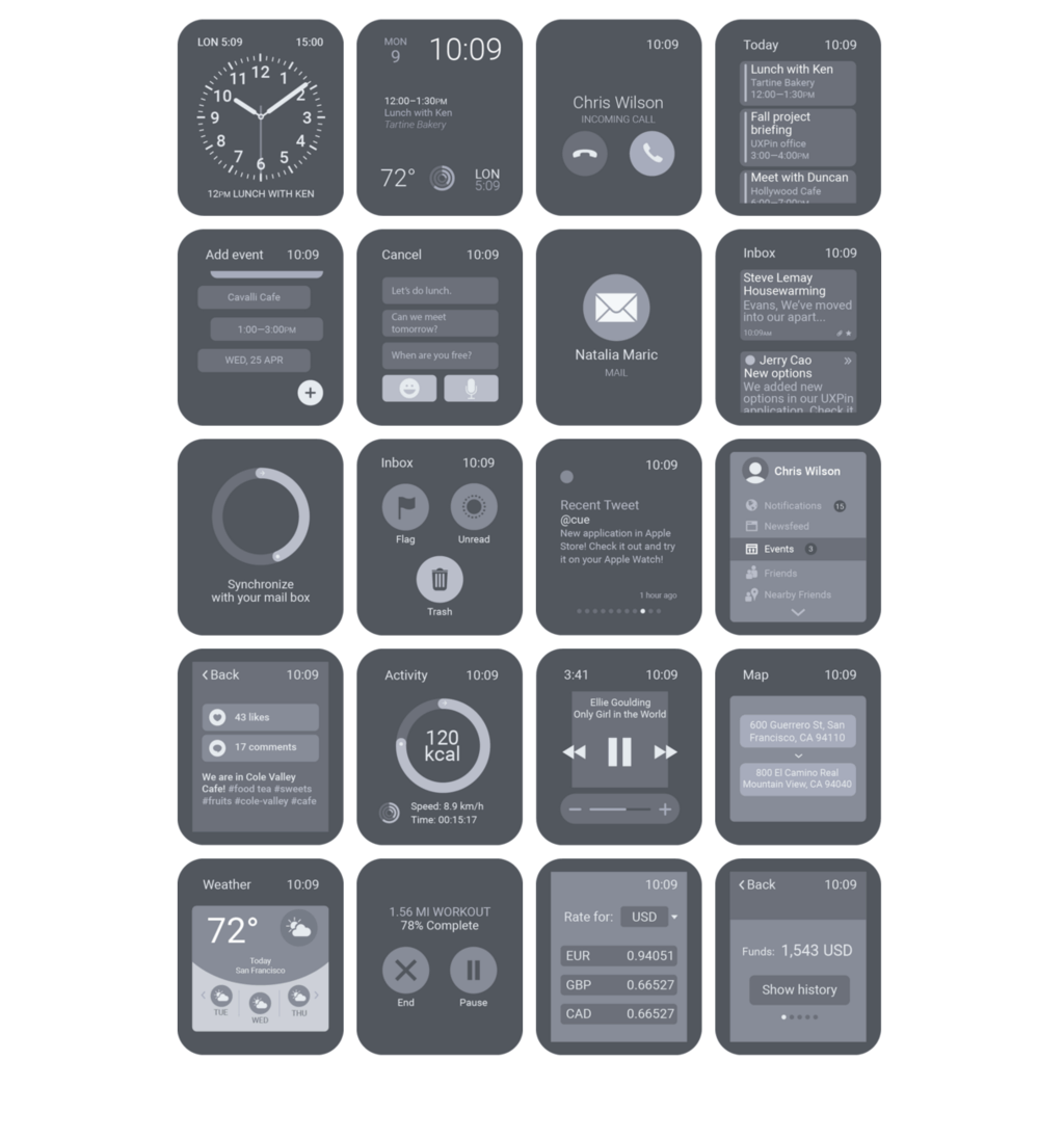 Freebie 30 Apple Watch Wireframing UI screens & elements