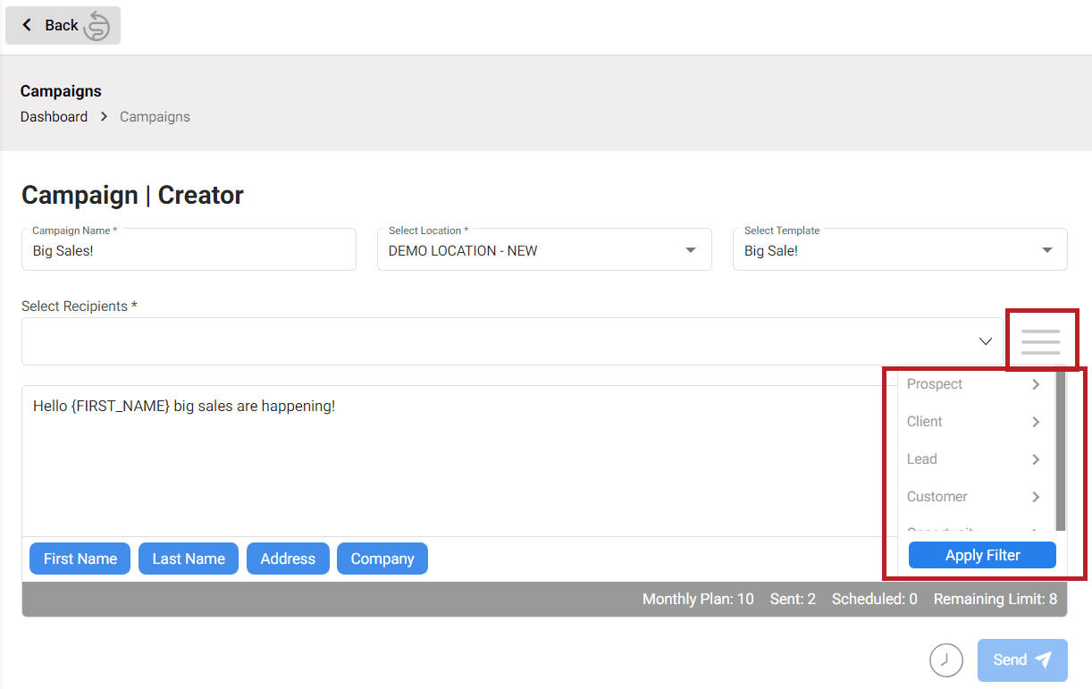 Recipient Filters Choose a Type/Value ClubReady Connect
