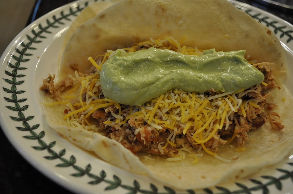 CrockPot Shredded Chicken Burritos, Quick Refried Beans, and Avocado