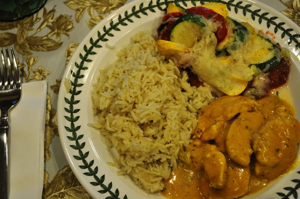 Chicken Korma, Garden Vegetable Tian, and Cardamom Rice PilafFrench