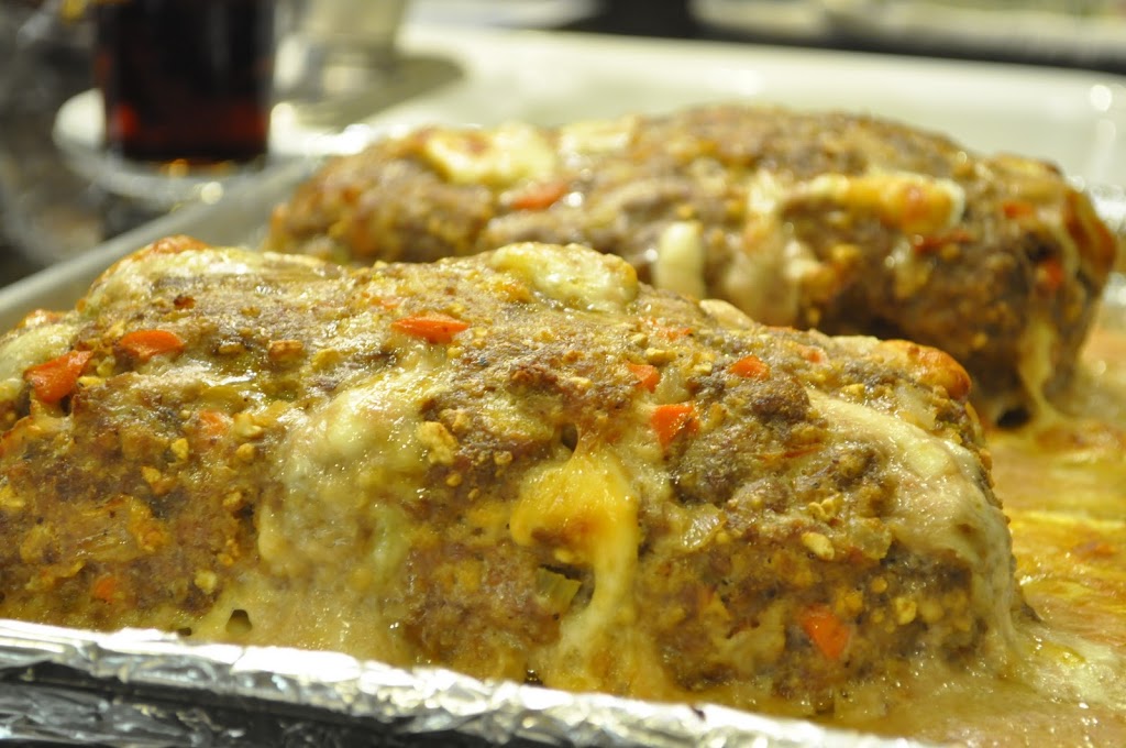 Meat Loaf with Creamy Onion Gravy, Mashed Potatoes, and Steamed