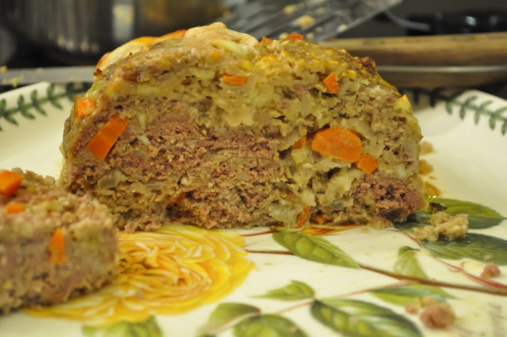 Meat Loaf with Creamy Onion Gravy, Mashed Potatoes, and Steamed