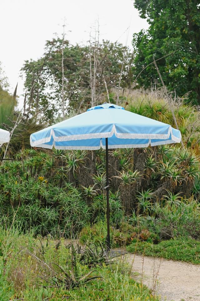 8.5 foot fringe umbrella sky blue rentals Orange County CA Where to