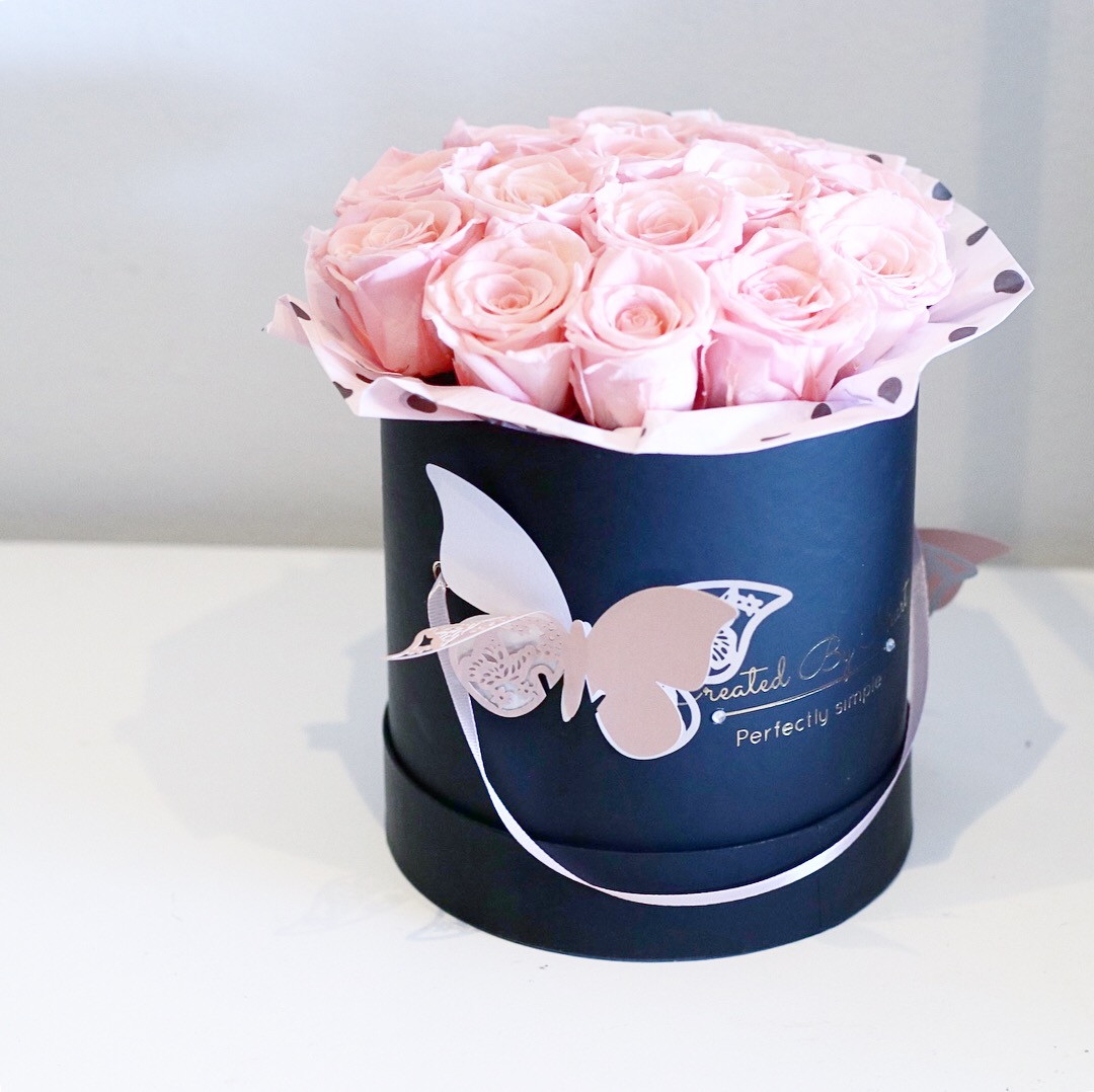forever pink roses in a black box CREATED BY HEART
