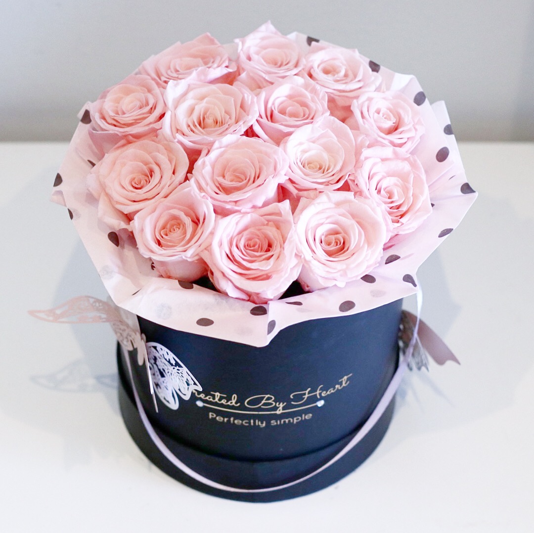 forever pink roses in a black box CREATED BY HEART