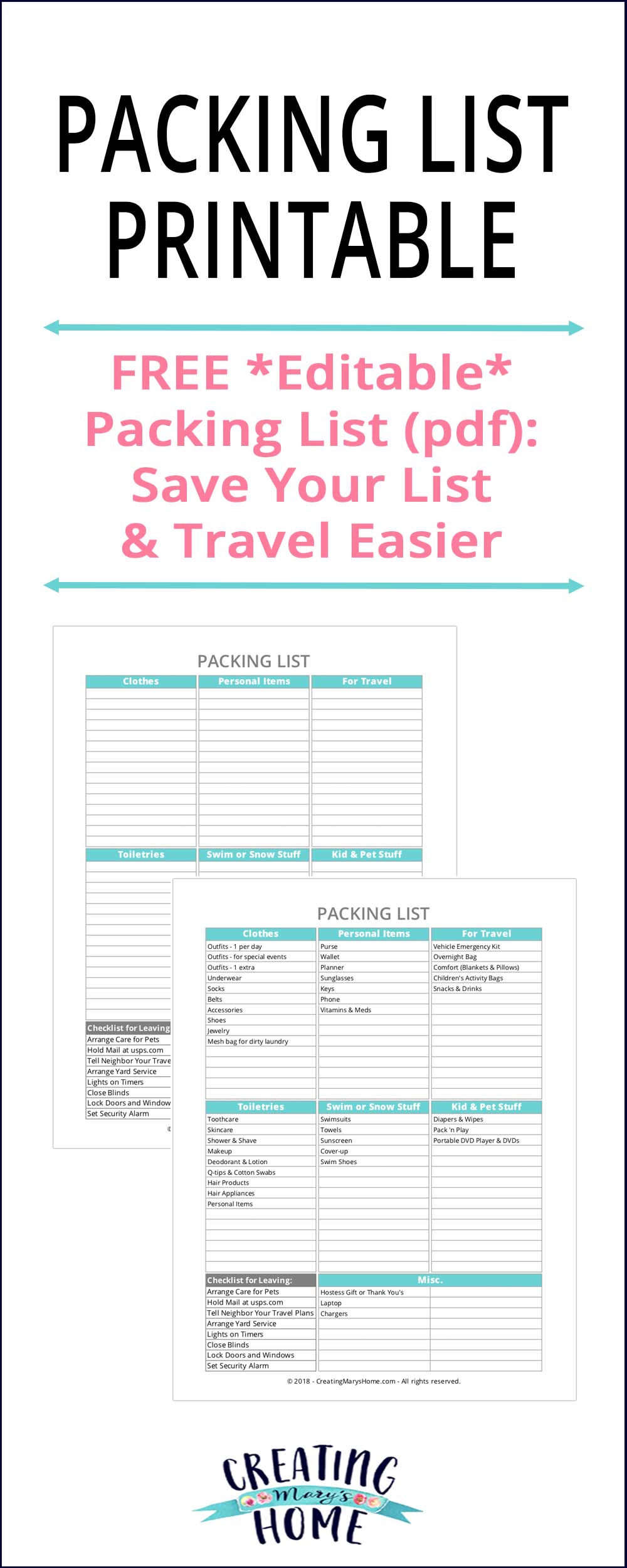 Packing List Printable *Editable PDF!* - creatingmaryshome.com