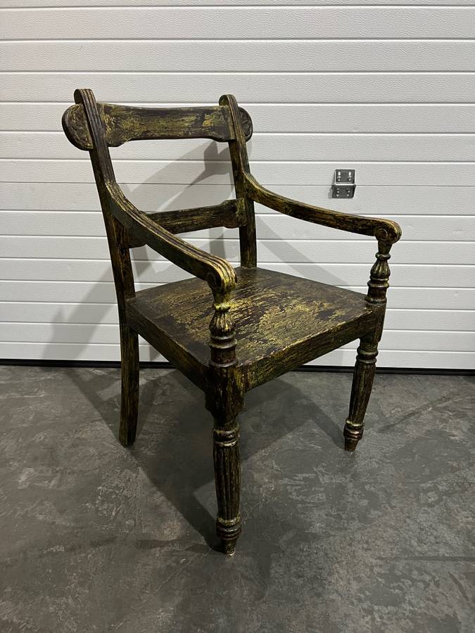 Matching Distressed Antique Solid Wood Captain’s Chairs with Olive