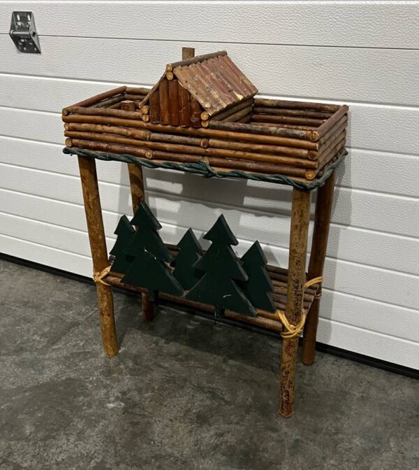Rustic Rattan Log Cabin and Evergreen Trees 2Level Decor Shelf
