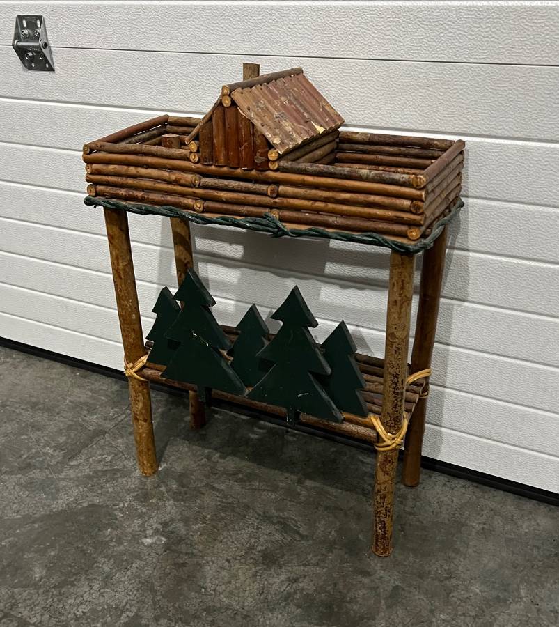 Rustic Rattan Log Cabin and Evergreen Trees 2Level Decor Shelf Creative Bargains