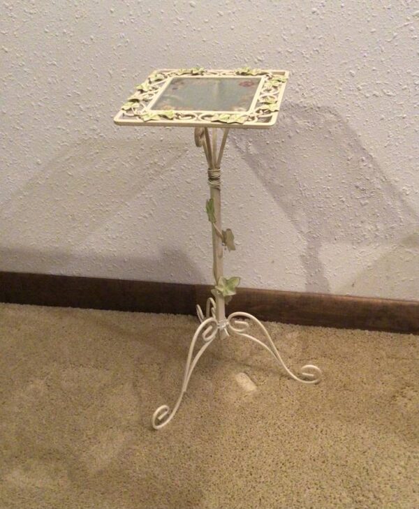Delicate CreamColored Wrought Iron Glass Top Plant Stand with Leaf and