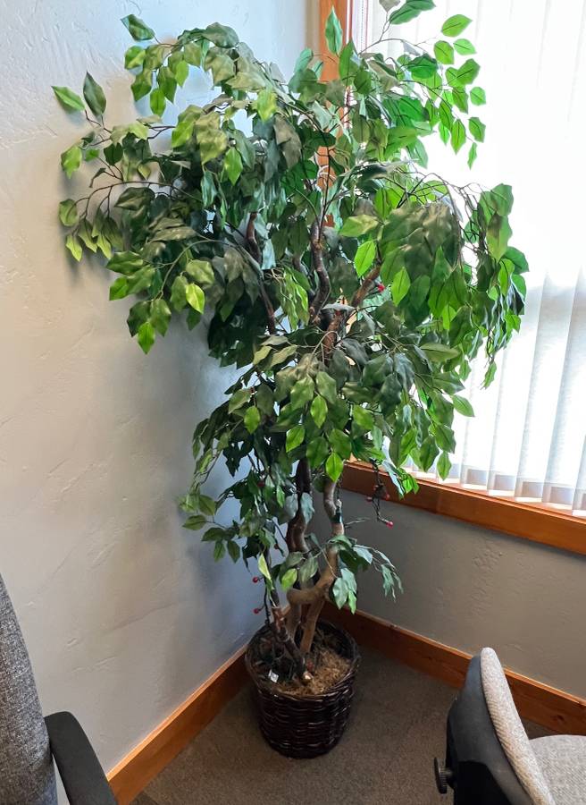 Tall Artificial Tree with Green Leaves and Dark Brown Rattan Planter