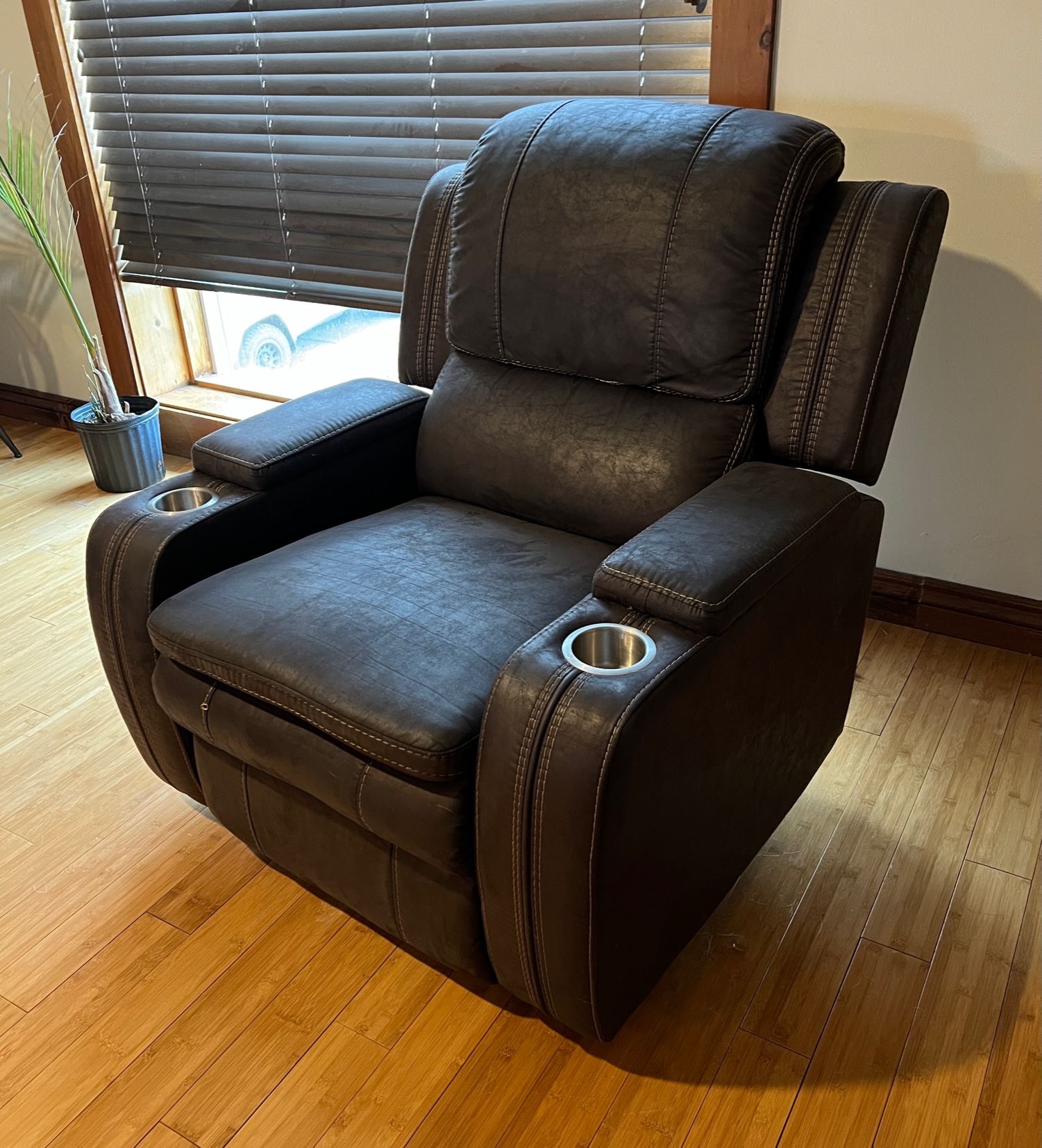 Charcoal Gray Faux Leather Powered Recliner with Cup Holders and USB