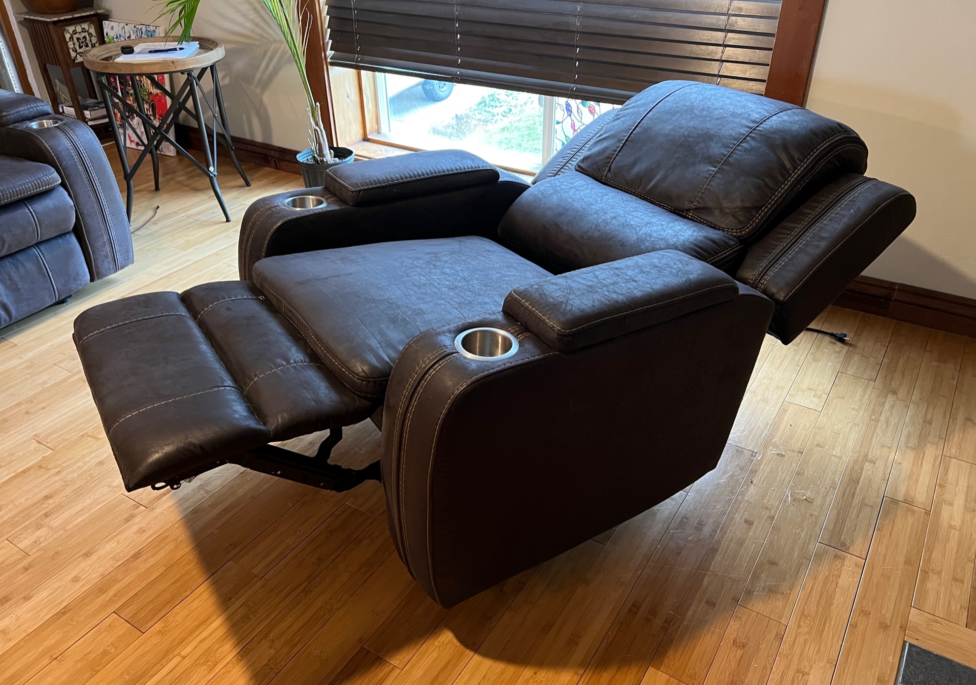 Charcoal Gray Faux Leather Powered Recliner with Cup Holders and USB
