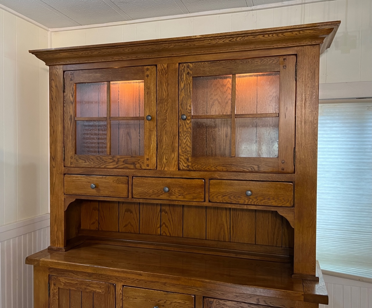 TwoPiece 5Drawer Rustic Solid Oak Hutch with Divided Glass Doors and