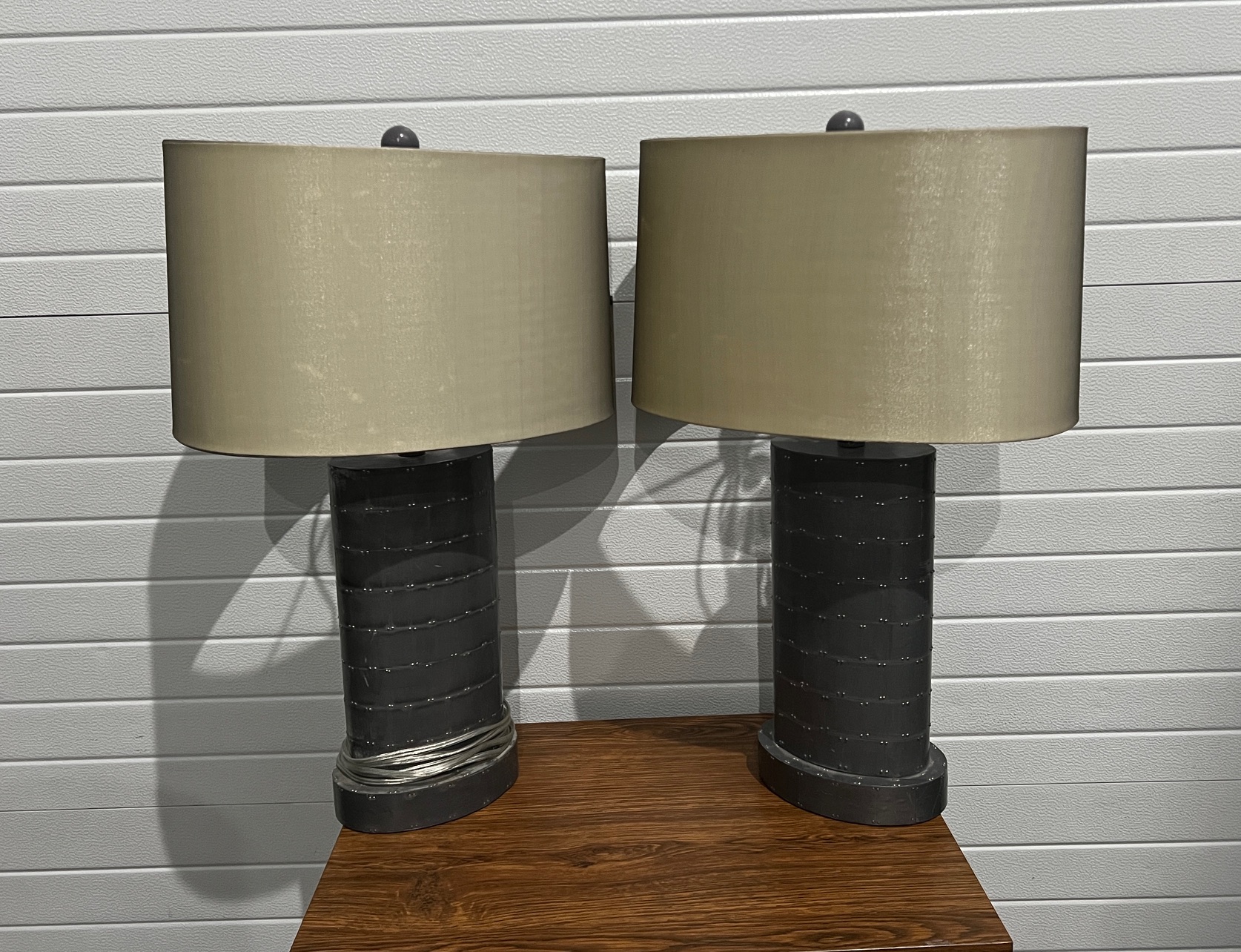 Modern Gray Oval Table Lamps with Rivets and Tan Oval Shades (30 each