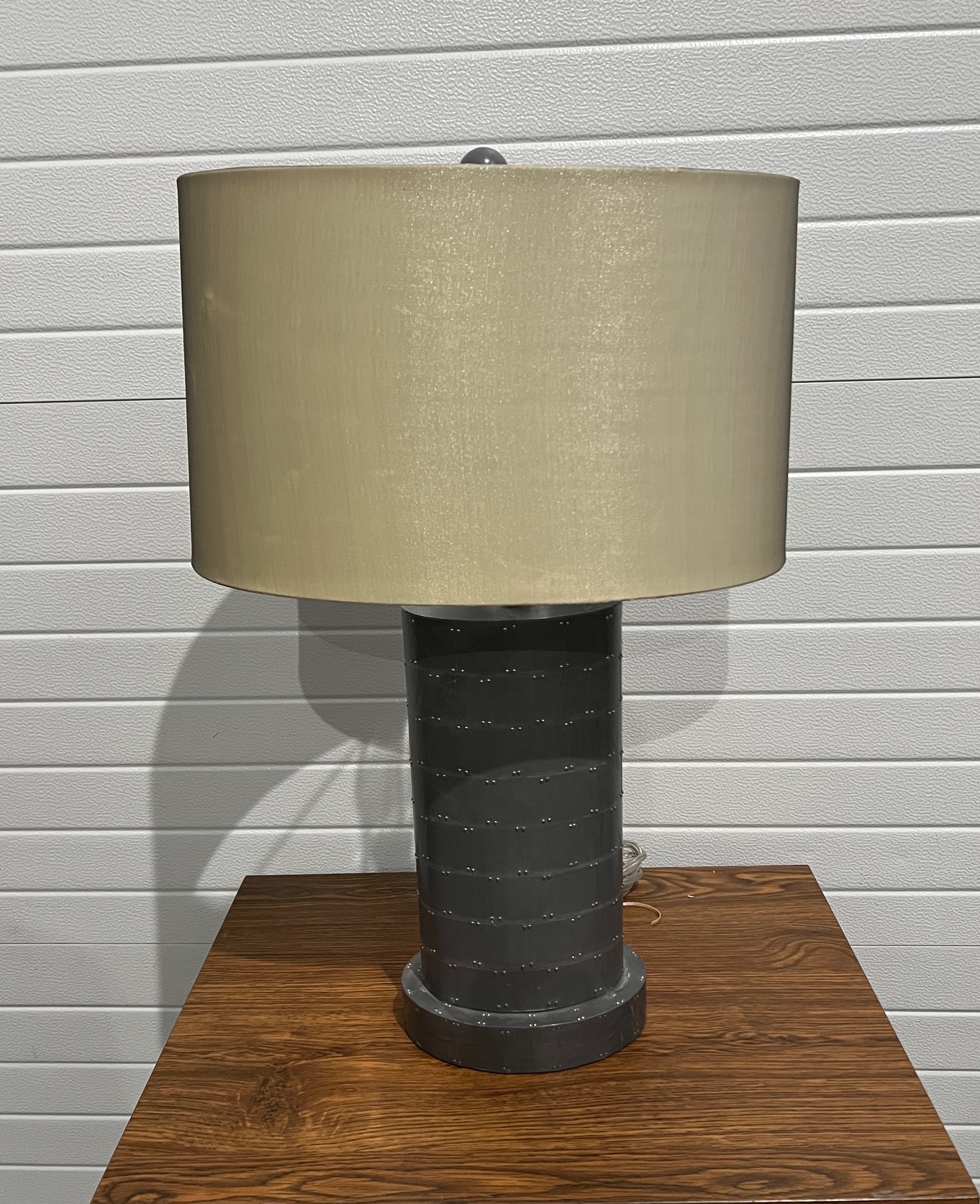 Modern Gray Oval Table Lamps with Rivets and Tan Oval Shades (30 each