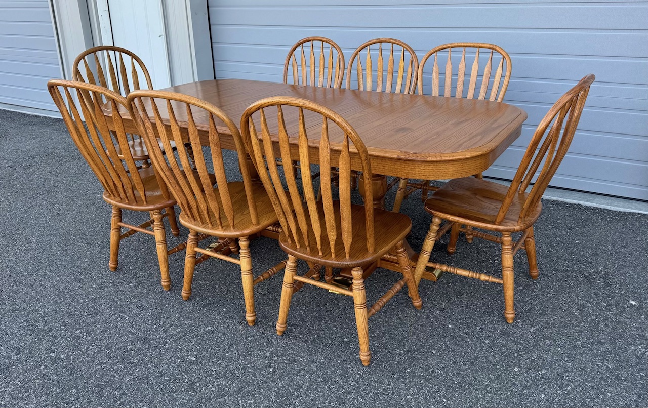 Oval Solid Oak Dining Table with Brass Foot Plates, Leaf, and 8