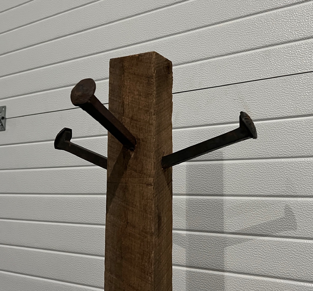 Rustic Barnwood Standing Coat Rack With Iron Railroad Spike Hooks