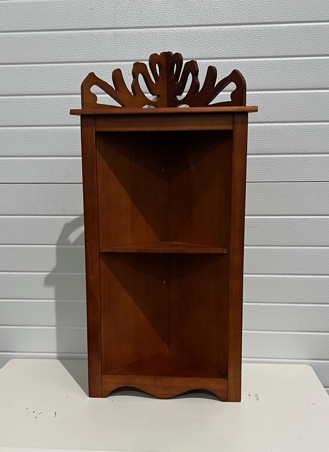 Beautiful Wooden Corner Wall Shelf with Cherry Finish and Top Decor