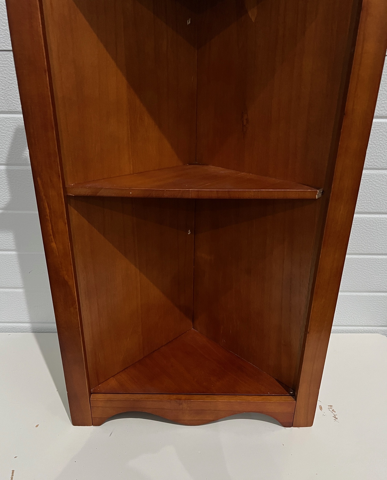 Beautiful Wooden Corner Wall Shelf with Cherry Finish and Top Decor