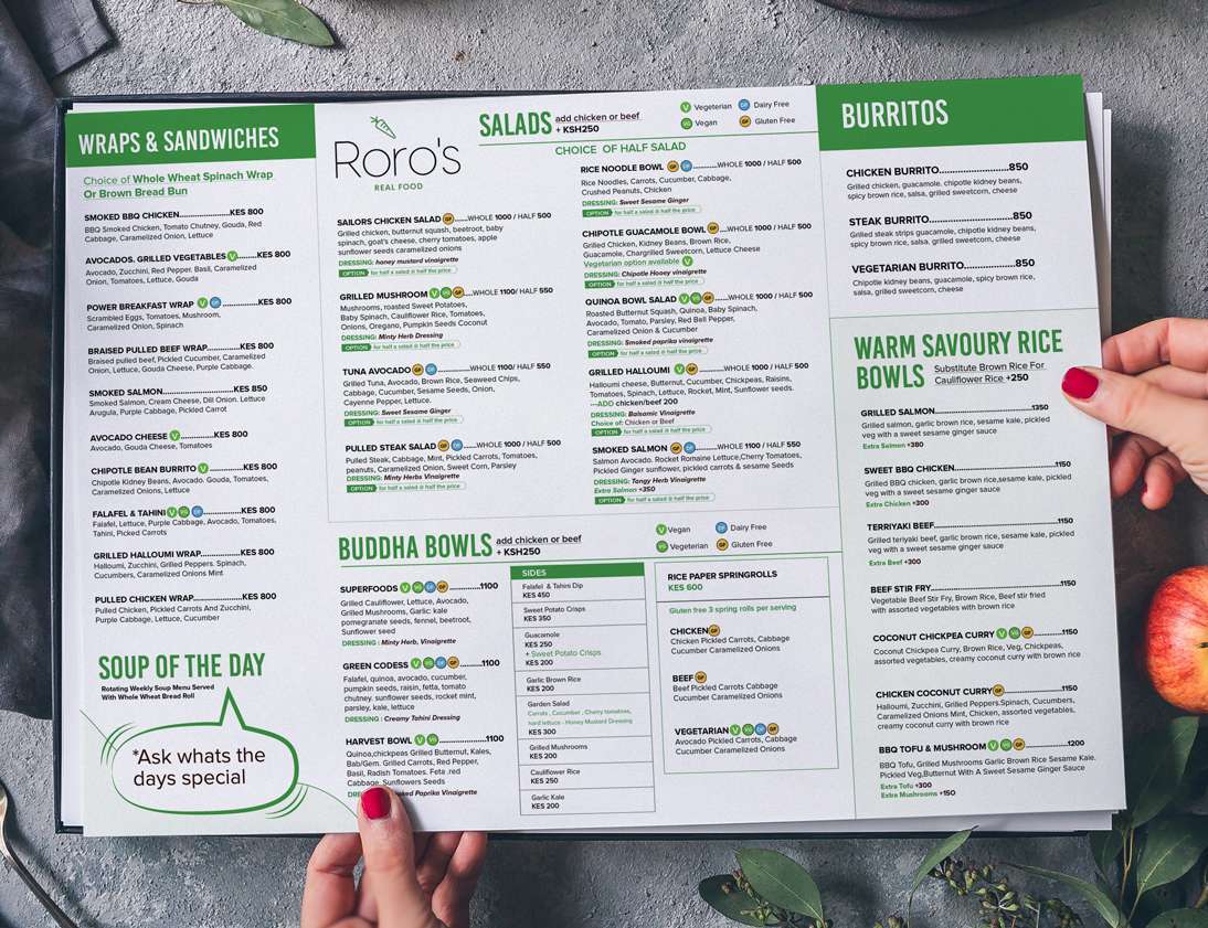 Menu design in Kenya for Roros Restaurant Creative Kigen