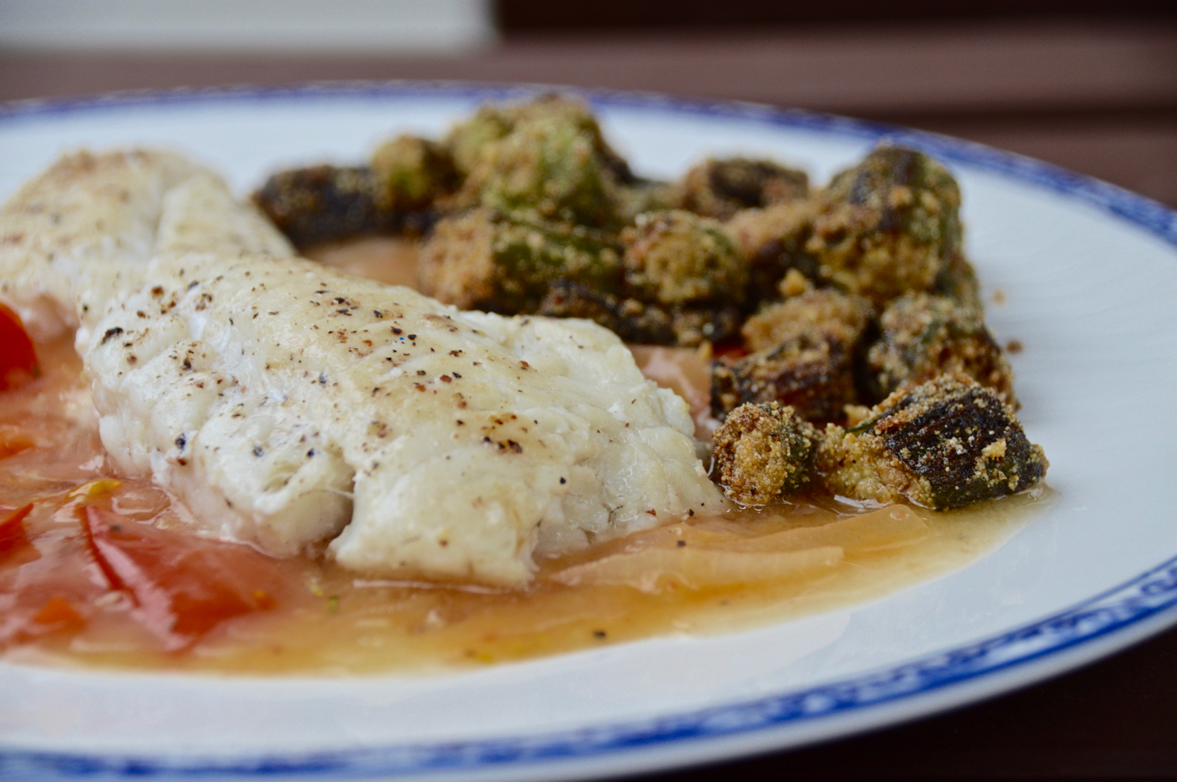Tautog with Creamy Tomatoes and Cornmeal Fried Okra Creatively Delish