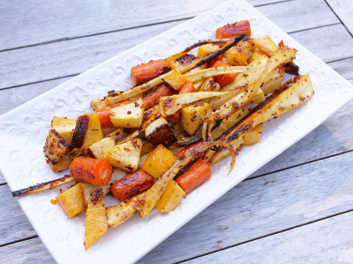 Maple & Mustard Roasted Root Vegetables Creatively Delish