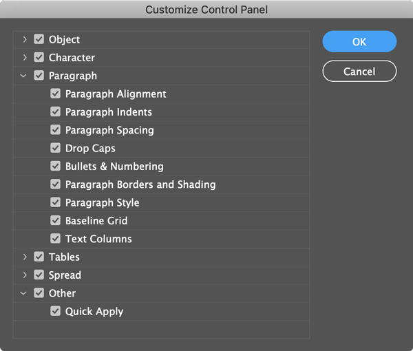 Customizing the Control Panel in InDesign CreativePro Network