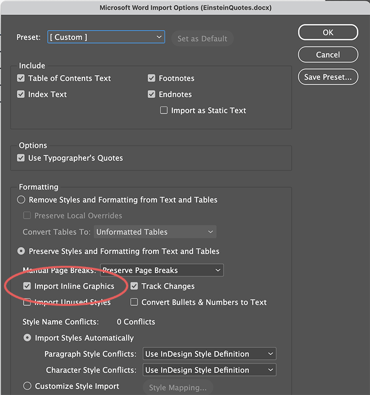 Turn Off Image Embedding When Placing a Word File into InDesign
