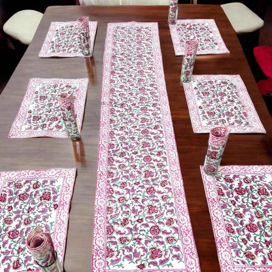 Cotton Canvas Table Mat Set with Hand Block Print Runner Creatoons
