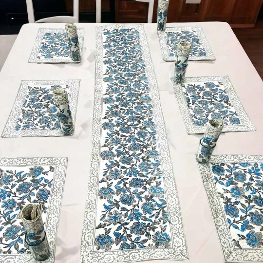 Hand Block Print Cotton Table Mat Set with Complementary Runner