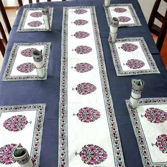 Hand Block Print Dining Table Mat Set with Coordinated Runner