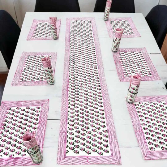 Pink Border Hand Print Cotton Table Mat Set with Matching Runner