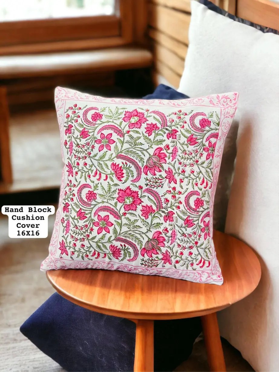 Pack of 5 Hand Block Luxurious Geometry Floral Pink Cushions Covers