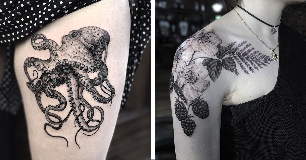 Tattoo Artist Creates Gothic Nature-Inspired Stippling Tattoos That Resemble Old Lithographs 630_x_1200_jpg