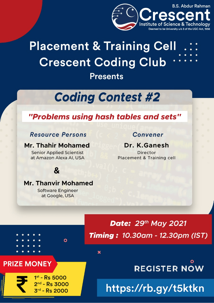 Coding contest on "Problems using hash tables and sets" Crescent Education
