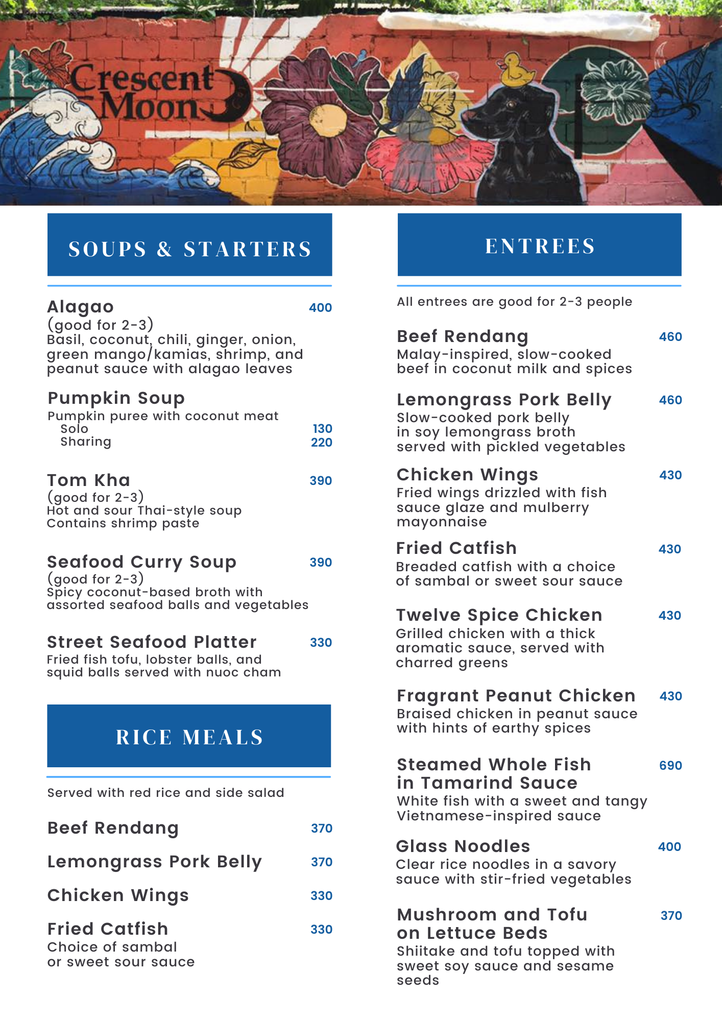 Menu Crescent Moon Cafe and Studio Pottery